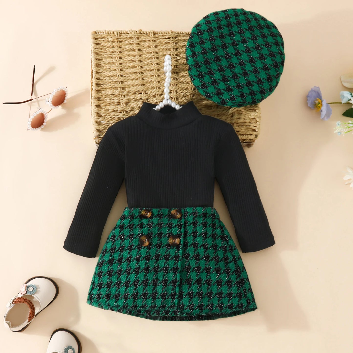 Baby Girl Outfit Set - Knit Long Sleeve Top, Plaid Skirt, and Hat (6M-3Y)