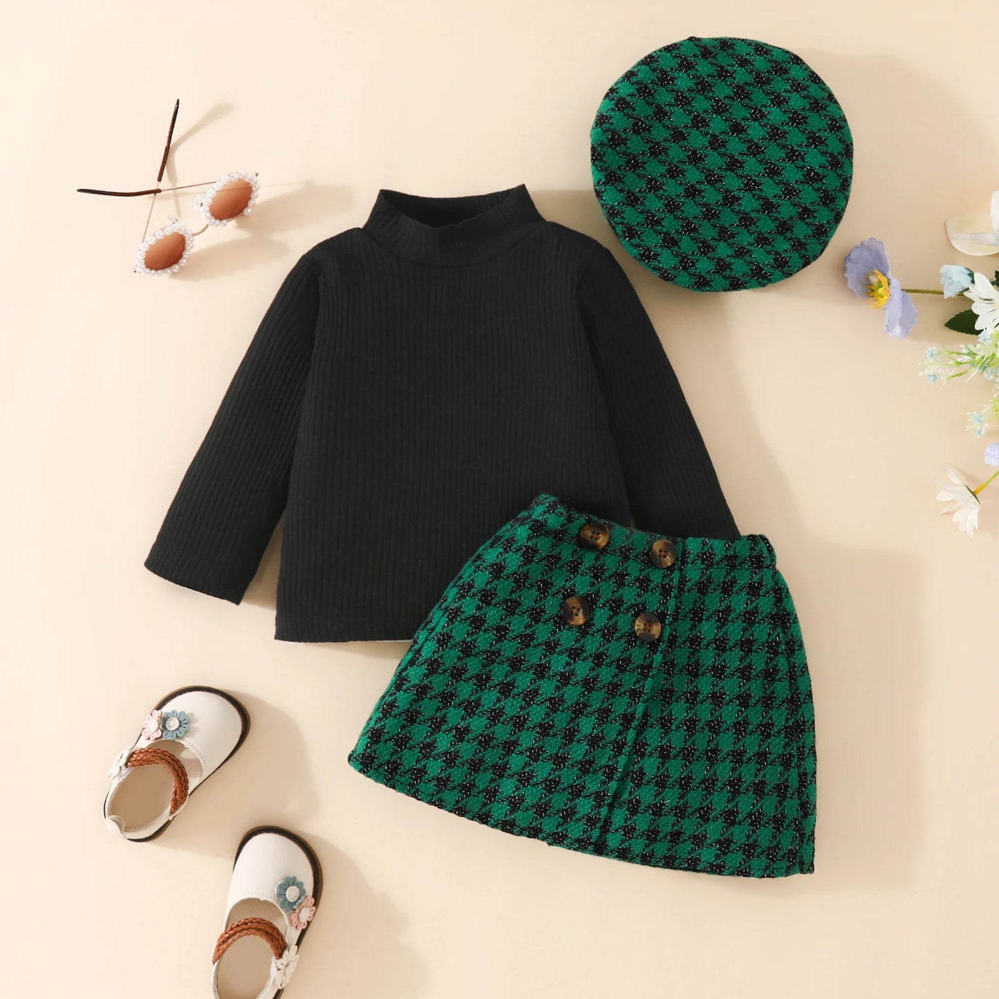 Baby Girl Outfit Set - Knit Long Sleeve Top, Plaid Skirt, and Hat (6M-3Y)