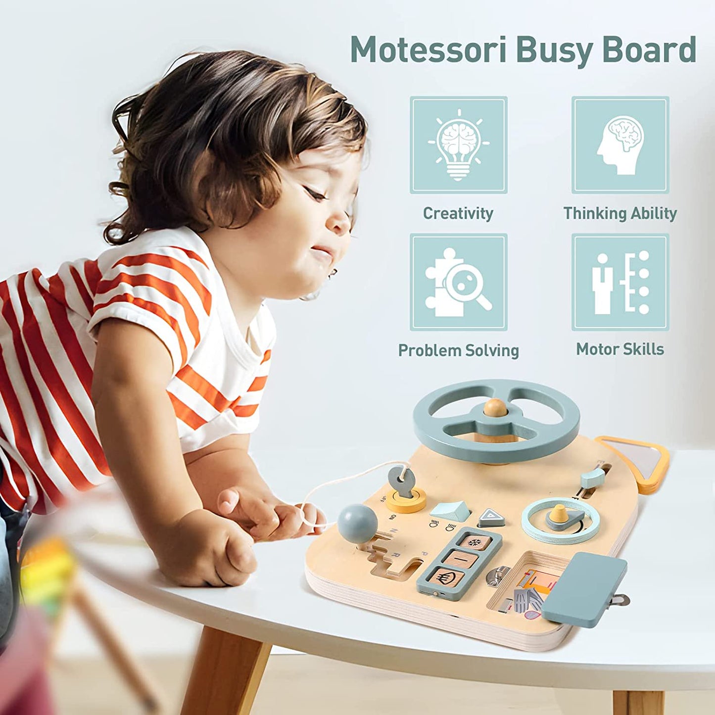 Montessori Busy Board - Simulated Driving Car Steering Wheel Wooden Educational Toy for Children