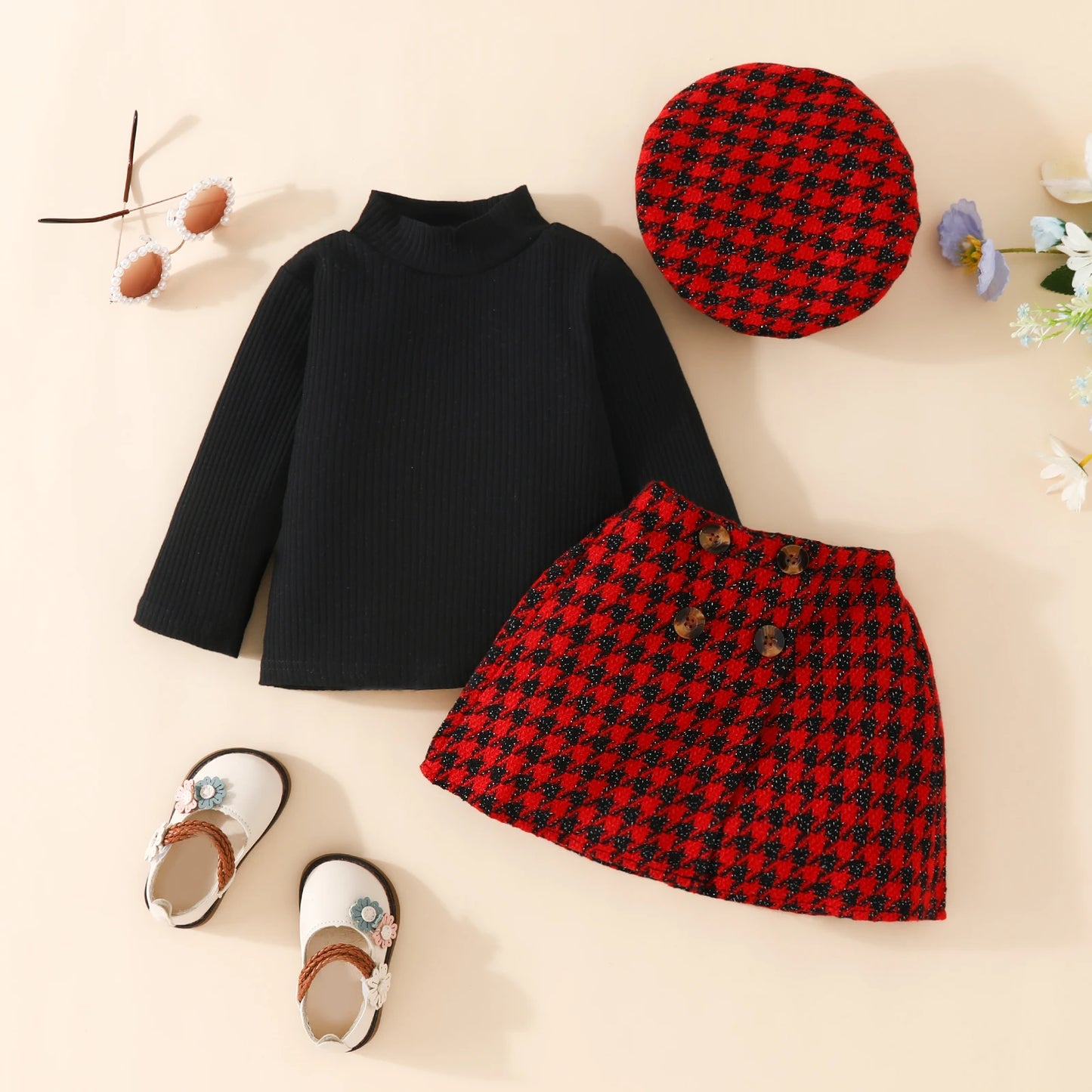 Baby Girl Outfit Set - Knit Long Sleeve Top, Plaid Skirt, and Hat (6M-3Y)