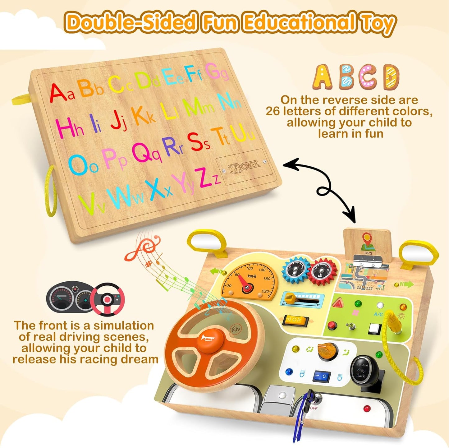 Car-Inspired Busy Board for Toddlers - Wooden LED Light Socket, for Early Education and Cognitive Development