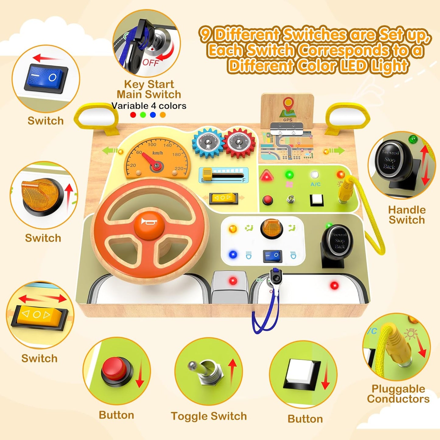 Car-Inspired Busy Board for Toddlers - Wooden LED Light Socket, for Early Education and Cognitive Development