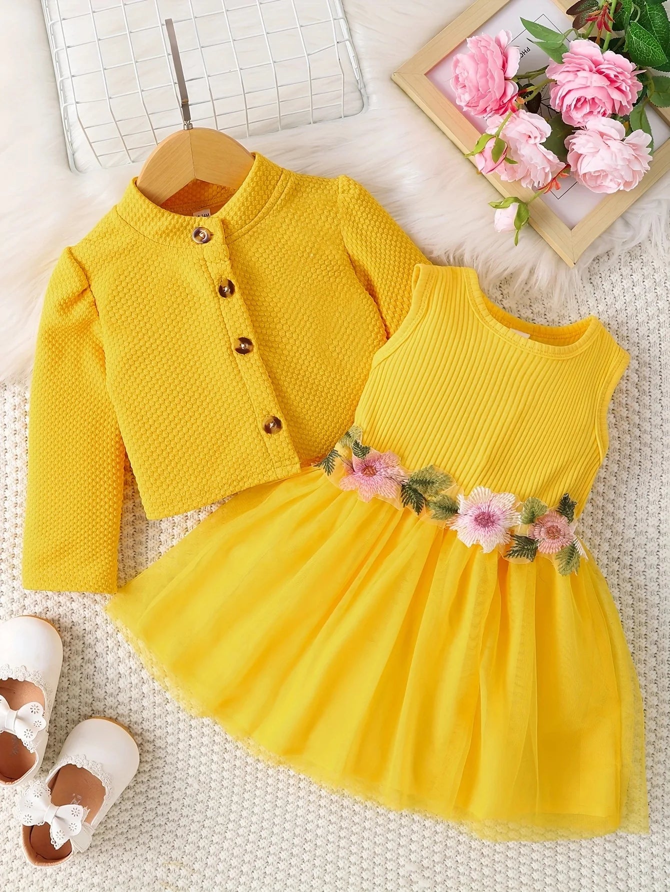 Baby Girl Waist Flower Design Mesh Dress Vest – Spliced Jacket for Infants & Young Children