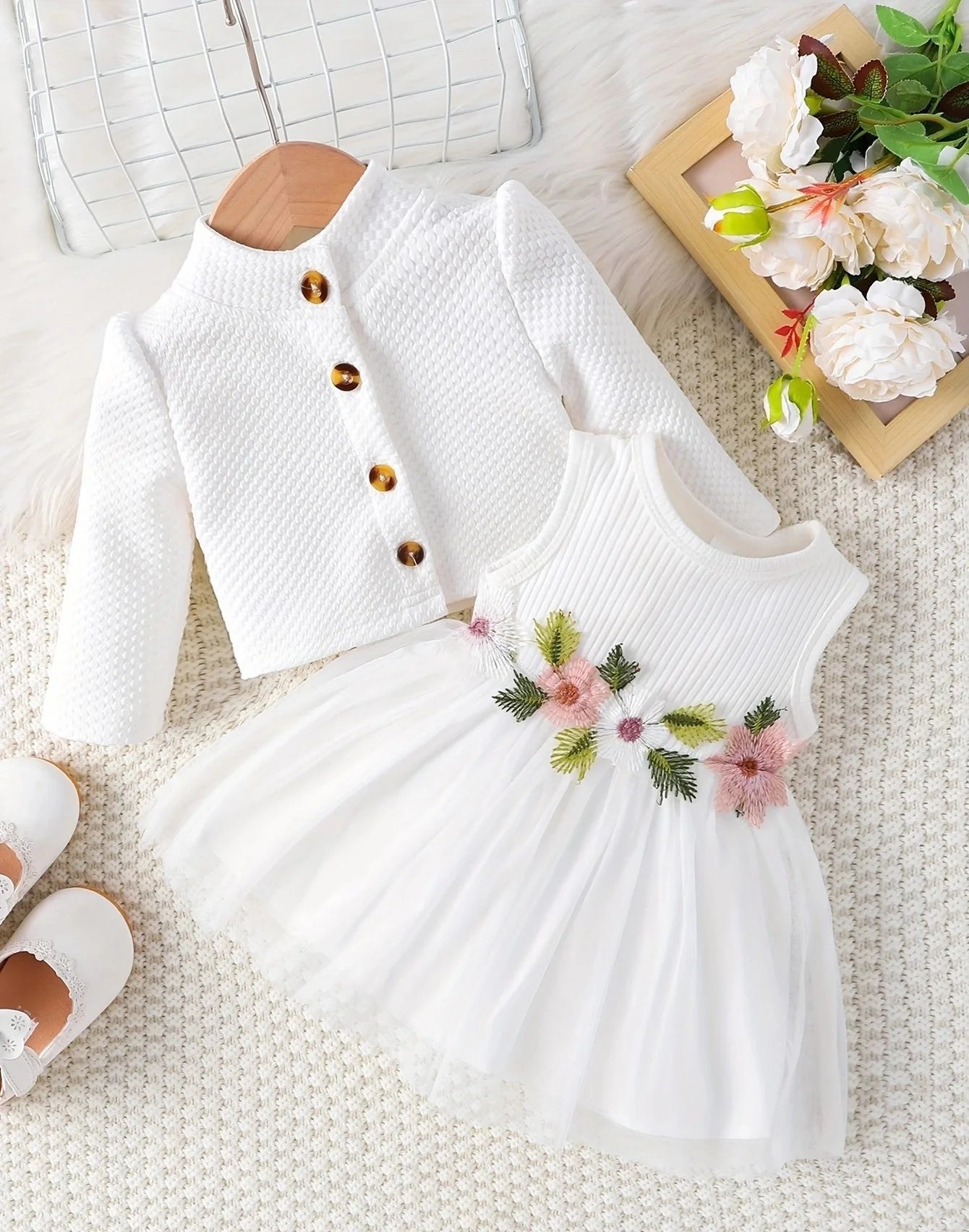 Baby Girl Waist Flower Design Mesh Dress Vest – Spliced Jacket for Infants & Young Children