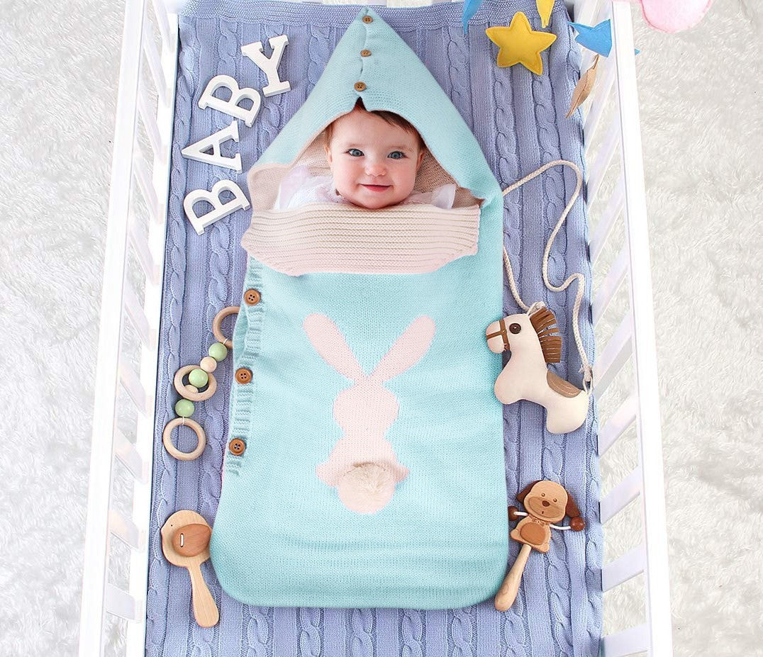 Solid Color Baby Knitted Rabbit Button Sleeping Bag - Wool Outdoor Stroller Baby Sleeping Bag