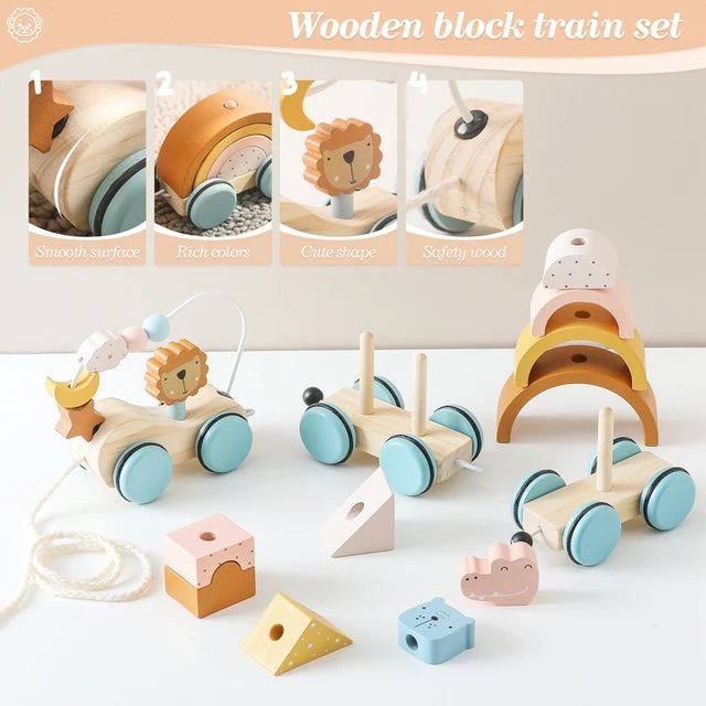 Children's Puzzle Train Set - Animal Building Blocks, Shape Matching, Bead Winding