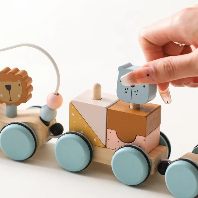 Children's Puzzle Train Set - Animal Building Blocks, Shape Matching, Bead Winding