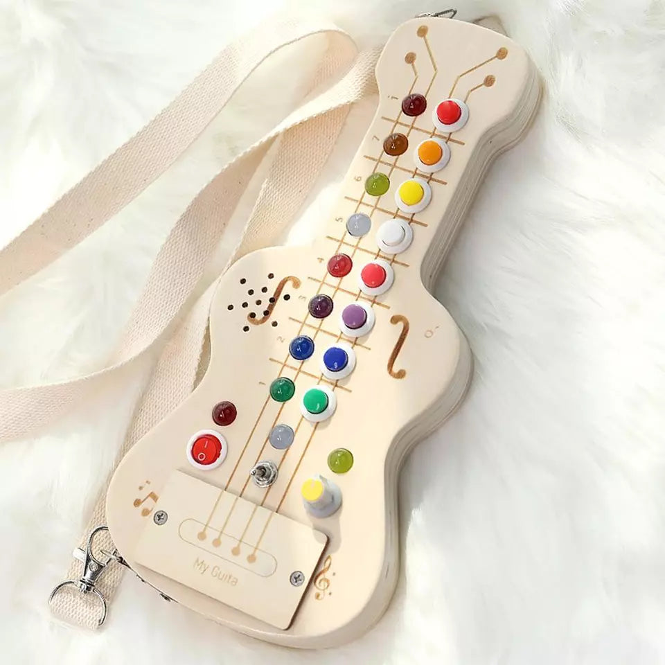 Wooden LED Busy Board - Montessori Guitar Toy with Switch Lights & Melodic Sound for Early Education